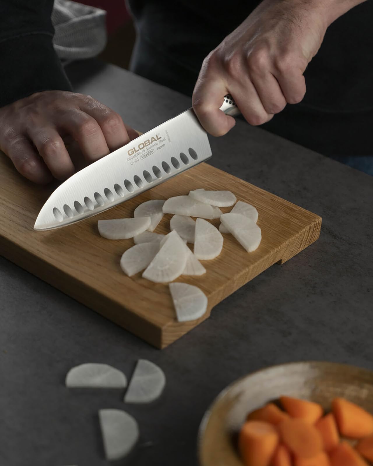 Global 3 Piece Knife Set - 7 inch Hollow Ground Santoku, 5 inch Utility, 3 1/2 Paring, Lightweight Japanese Stainless Steel, Razor Sharp Edge, Made in Japan, G-80338 - Image 3